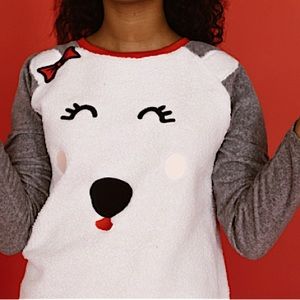 CAT & JACK Top  Soft White Sherpa Like With Bear Face, Ears & Bow Girls SZ 14-16
